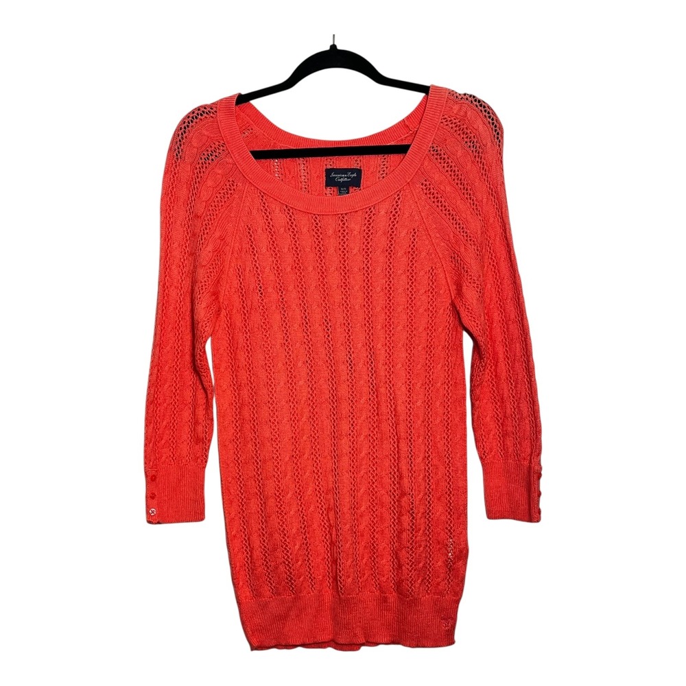 American Eagle Womens XL Coral Orange Cable Knit‎ Pointelle 3/4 Sleeve Sweater